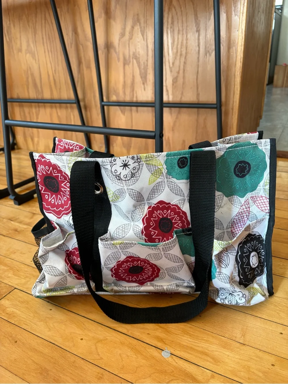 thirty-one Floral Canvas Tote in Red, Teal, Black, Gray, Cream
